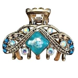 Vintage-Inspired Gold Tone and Blue Rhinestone Metal Elegant Hair Clip 2" Wide
